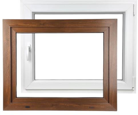 ALUCON Fenster 800x600 mm – Kunststofffenster 80x60 cm – Flügelfenster Innen Weiß/Außen Nussbaum – DIN Rechts