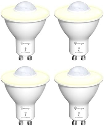 TobeBright LED Smart Motion Glühbirnen, GU10 PIR Lichtsensor Birne 5W, Bewegungsaktivierte Glühlampe Warmweiß 3000K, Auto Ein/Aus LED Lampe für Treppen, Garage, Korridor(4-Stücke)