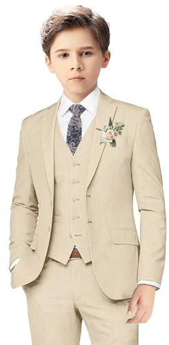 Jungen-Leinenanzüge für Kinder, Sommer, schmale Passform, 3-teiliges Strand-Hochzeits-Outfit, leichtes Smoking-Leinenanzug-Set, Champagner, 20