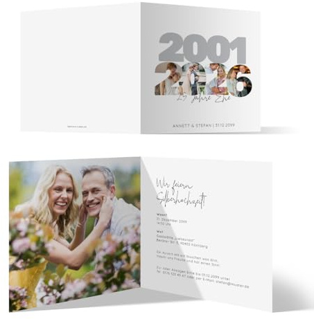 Personalisierte Silberhochzeit Foto Einladungskarten im Zahlenbilder Motiv, ab 10 bis 100 Stück selbst gestalten, quadratische Klappkarte, dickes 300g/qm Papier, detaillierter Druck