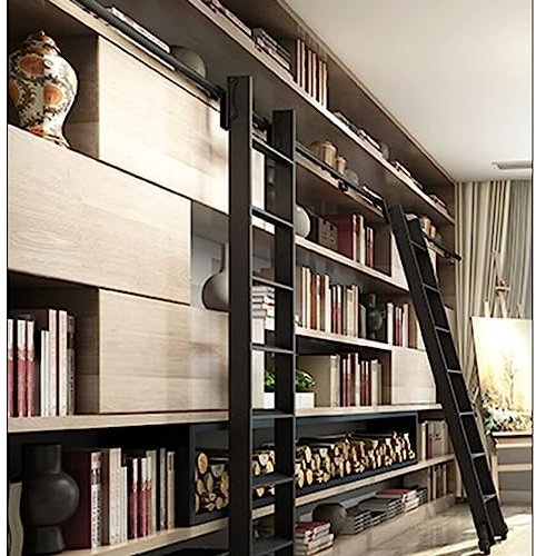 Kit d'échelle coulissante noire pour bibliothèque facile à installer avec roulettes de sol - Échelle de 150 cm - Améliorez votre décoration d'intérieur