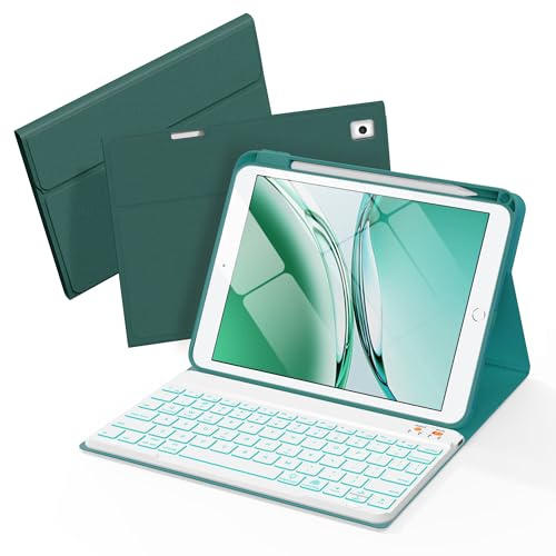 Senyoson for iPad 9th/8th/7th Generation Case with Keyboard, Cyan | 10.2-inch case, 7-Color Backlit Keys, Detachable Magnetic Keyboard, 3 Adjustable Viewing Angles, Pencil Holder
