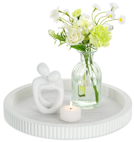 Hanobe Deko Tablett Rund Dekotablett Weiß Modern Tischtablett für Tischdeko | 30cm Ideal für Wohnzimmer Deko, Vintage Holztablett für Kaffee Tisch, Moderner Landhaus Tischtablett