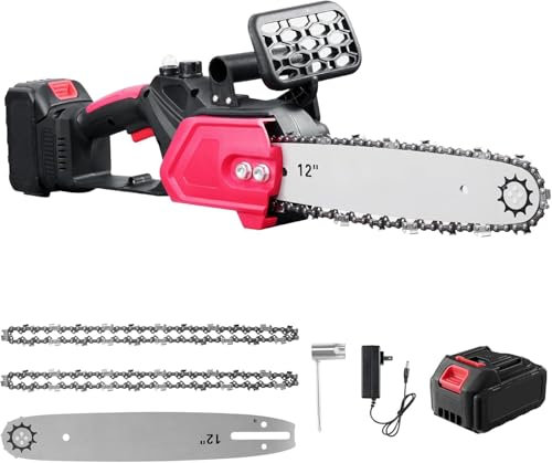 Chainsaw Cordless 12inch, Powerful Electric Chain Saw, 21V Cordless Chainsaws with Battery and Charger, Battery Chainsaw with 2 Chains, Security Lock Handheld Small Chain Saw for Garden Tree Pruning