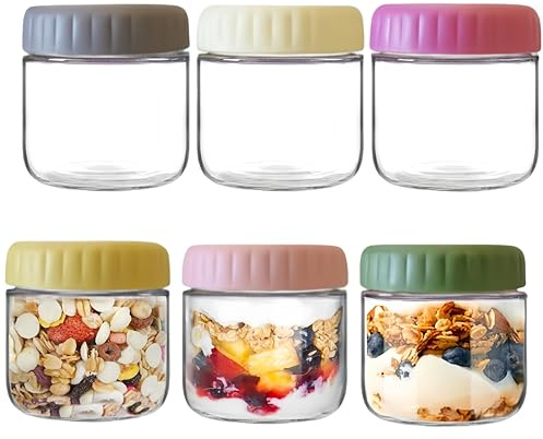 MEETOZ 6 Pack 12 oz Glass Jar with Screw Lid Leakproof, Overnight Oats Jar, Stackable Glass Jam Jar, for Overnight Oats, Salad, Yogurt, Cereal, Fruit, Snacks, Spice, Sugar, Coffee, Candy (350ML/12Oz)
