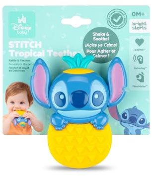 Bright Starts Disney Baby Sonajero y mordedor Tropical Teethe de Stitch, mordedor Interactivo con Forma de piña, para recién Nacidos y Mayores