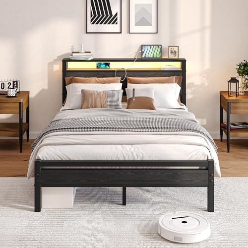 BORPHOM Sängram med laddningsstation, LED-belysning, dubbelsäng, gästsäng, metallsäng, 140 x 190, sängram av metall, ungdomssäng, med ribbotten, sänggavel i svart, för sovrum, gästrum