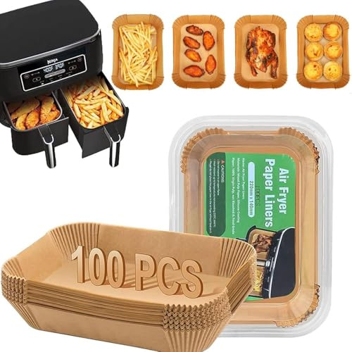 BURRSJ Lot de 100 feuilles de papier sulfurisé pour friteuse à air chaud à double chambre - 21,5 x 14 cm - Compatible avec les friteuses Ninja AF300EU/AF400EU, Princess & Dual-Zone - Passe au