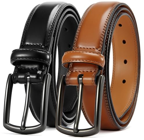 CHAOREN Cinturones Hombre Cuero 2 paquete, Cinturón Hombre Marron Negro Vestir 32mm, Perfectos para Jeans Casuales y Conjuntos Negocios