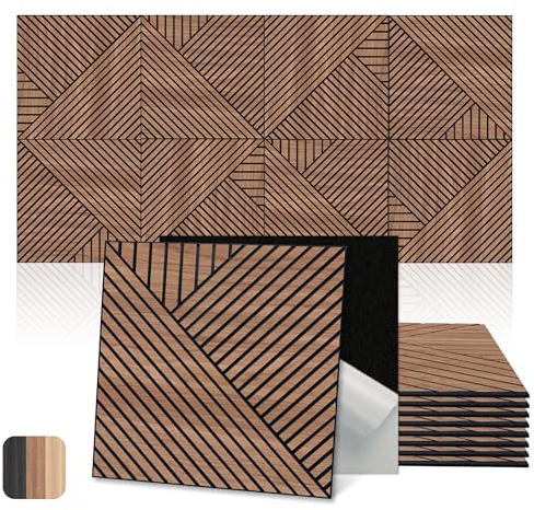 Mollywell Art Acoustic Wall Panels, 24x24 Inch 8 Pack, Wood Veneer, Sound Absorbing Self-Adhesive Wall Decor, Thread and Prism Woven Patterns, Walnut, for Home & Studio