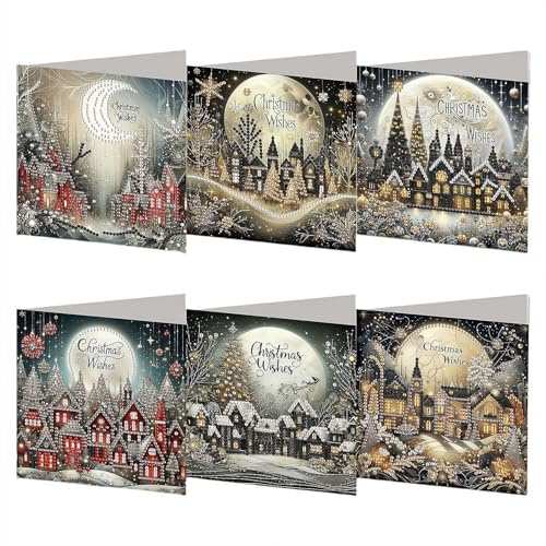 DIY Painting Christmas Village Greeting Card Kit,6 Pack Christmas Diamond Greeting Cards Kits with Envelope,Holiday Foldable Thank You Blessing Greeting Card,DIY Xmas Card Making Kits