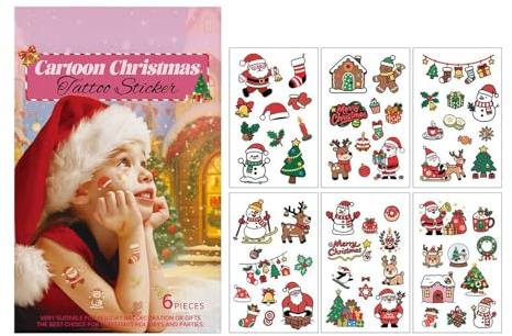 Hobngmuc Temporäre Sticker Kinder,6 Stücke Weihnachts Augen Sticker | Strumpfbehälter Füllungen Cartoon Aufkleber Santa Rentier Schneeflocke für Arm Augen Körper Partys Geschenke Deko Kinder