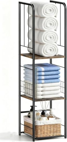MISSLO Narrow Bathroom Towel Storage Rack, 3-Tier Towel Holder, Floor Freestanding Towel Shelf for Small Bath, Pool, Bathroom Storage Organizer, Brown