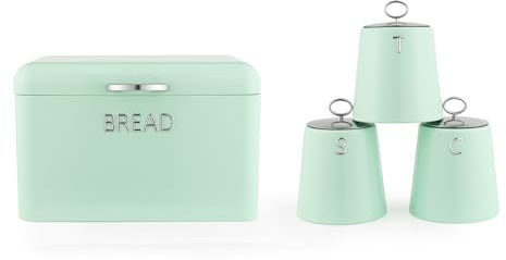 Salter Retro Green 4-Piece Countertop Set – Includes Bread Bin, Tea, Coffee & Sugar Canister, Dry Food Storage Containers, Durable Steel, Stylish Embossed Lettering, Kitchen Organisation, Breakfast | Durable Steel, Embossed Labels, Tea Coffee Sugar Storage, Bread And Dry Goods, Coordinated Kitchen Countertop Organisation