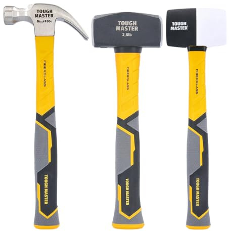 TOUGH MASTER Club Hammer 2.5lb (1.1 kg) Heavy Duty C45 Forged Steel Head Fiberglass Shaft Non Slip Grip Shock-Absorbing Handle TPR Finish Long (3 Pcs Hammer Set)