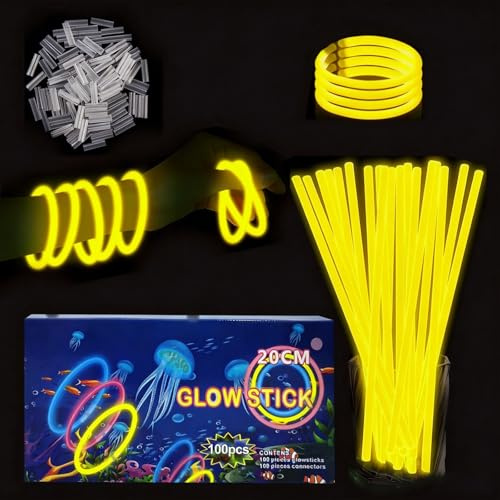 YAAVAAW 100 Pulseras Luminosas Fluorescentes Amarillo, Barras Fluo con 100 Conectores, para Halloween, Navidad, Cumpleaños, Boda, Suministros de Fiesta para Niños y Adultos