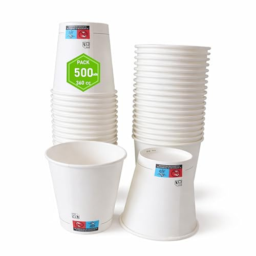 Atakito Vasos café desechables - Vasos de cartón reciclables para café caliente – Resistentes y aptos para bebidas calientes o frías (500, Blanco, 360 cc)