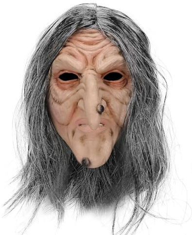 ILLOMEEGOOS Horror Hexenmaske mit LangerHakennase Graues Haar für Halloween