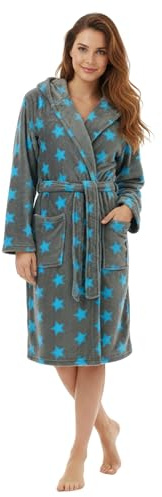 Brandsseller Albornoz Mujer con Capucha S/M – Suave Batin de Microfibra con Estrellas – Certificado Oeko-Tex – Ideal para Casa, Spa o Bienestar – Gris/Turquesa