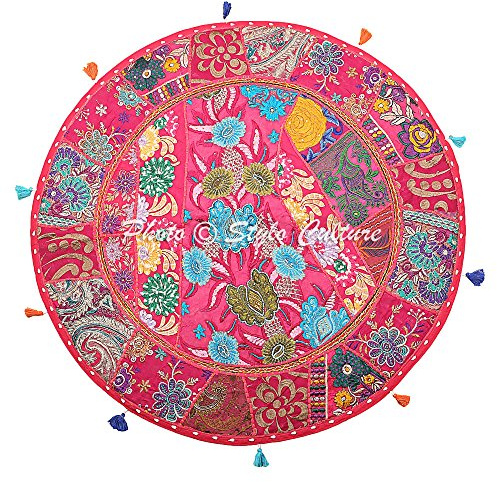Stylo Culture Indien Dekorativ Rund Bodenkissenbezug 80 x 80 cm Groß Bodenkissen Vintage Rosa Boho Patchwork Lounge-Sessel Baumwolle Bestickt Bodenkissen Rund Kinderzimmer