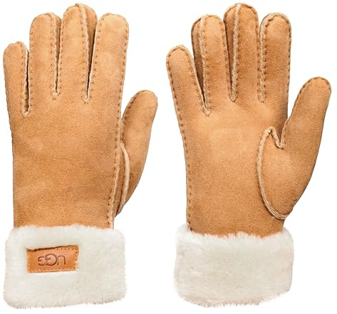 UGG Women's Leather Turn Cuff Water Resistant Sheepskin Shearling Lined Winter Gloves, Chestnut, Medium