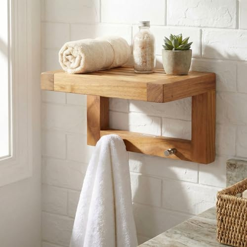 AquaTeak 12 Moa Teak Flat Wall Shelf with Hooks