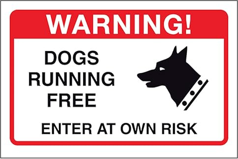 V Safety Dogs Running Free, Enter At Own Risk 200 x 150 mm - 1mm Rigid Plastic - Yellow Safety Sign