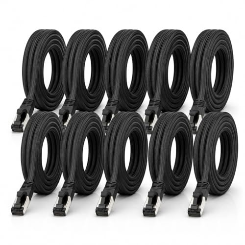 5m - Câble Patch CAT 6a en Coton Noir Noir - Pack de 10 Câble Réseau Tissu Coton Manteau Cat Cat 6 a Câble Rj 45 LAN Ethernet Patch Cable 500Mhz 10 Gb s - 10 x 5 Mètres