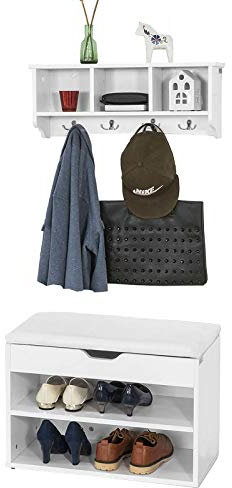 SoBuy Wandgarderobe-Set Flurset Flurmöbel Schuhbank mit Sitzfläche Wandgarderobe, weiß FSR25-W+FRG48-W