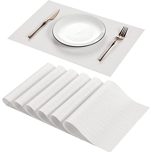 AHHFSMEI Placemats for Dining Table Set of 6 Woven Vinyl Plastic Place Mats Non-Slip Heat Insulation Stain Resistant Table Mats Washable Easy Clean Placemats (White)