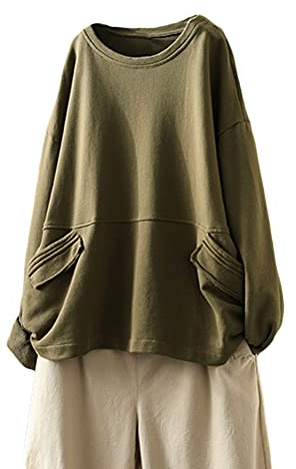 FTCayanz Donna Manica Lunga Camicia Girocollo Oversize Felpa Casual Tunica Pullover Top con Tasche Army Green L