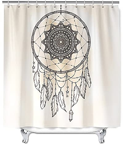Hiseng Duschvorhang aus Polyester Wasserdichter, Waschbare Duschvorhänge mit 12 Duschvorhangringen, 3D Traumfänger Druck Badewannevorhang für Badezimmer (Weißes Mandala,180x200cm)