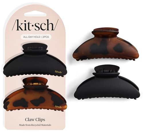 Kitsch Medium Hair Clips for Women, Strong Hold, Recycled Plastic Claw Clips for Thick Hair | Great for Updo, Half Up Hairstyle | Ideal Gifts for Women - 2pcs, Black and Tort