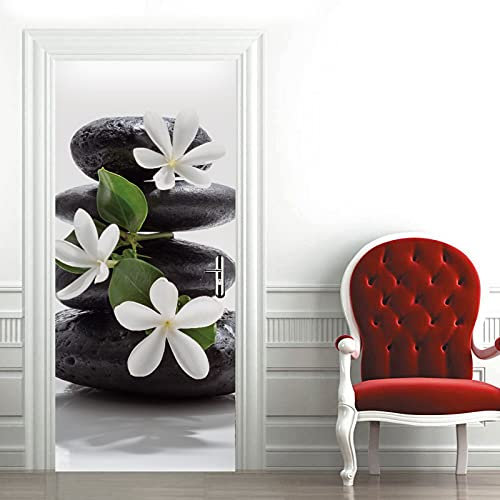 A.Monamour Türtapete Selbstklebend Türfolie Türposter 3D Weiße Orchidee Auf Einem Haufen Schwarzer Spa Steine ​​Zen Vinyl Folie Türdeko Tapete Wandbild Türaufkleber Türtattoo 85 x 200 cm