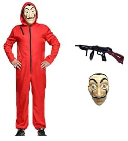 Anxicer Costume de carnaval, combinaison de voleur de banque pour Halloween, cosplay, rouge, à manches longues avec capuche, masque et mitrailleuse (Adult-M-170-175)