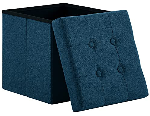 Zedelmaier Sitzhocker mit Stauraum, Fußbank Truhen Aufbewahrungsbox faltbar belastbar bis 300 kg, Leinen, 38 x 38 x 38 cm (Marineblau)