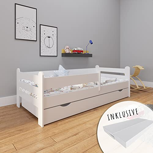 Kids Collective Letto per bambini Letto per ragazzi 80x160 | 90x200 cm con materasso e sponda di protezione incl. rete a doghe e cassetto in bianco in stile scandinavo | dai 3 ai 10 anni
