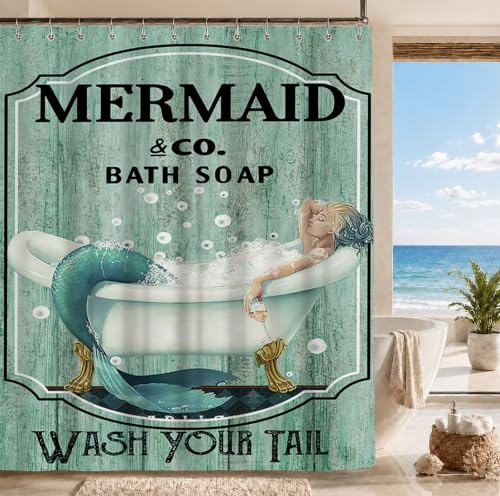 Famiffty Mermaid Shower Curtain Mermaid Bathroom Set 72Wx72L Inch Little Mermaid Shower Curtain Teal Green Wash Your Tail Funny Ocean Bathtub Bubbles Vintage Wood Waterproof Polyester Fabric 12 Hooks