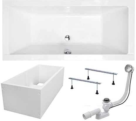 BADLAND Badewanne Original Weiß Acryl Wanne Rechteck QUADRO 170x75 KOMPLETTSET SET mit Premium Wannenträger + Füßen und Exklusive Chrom Automatik Ablaufgarnitur Made in EU 4in1
