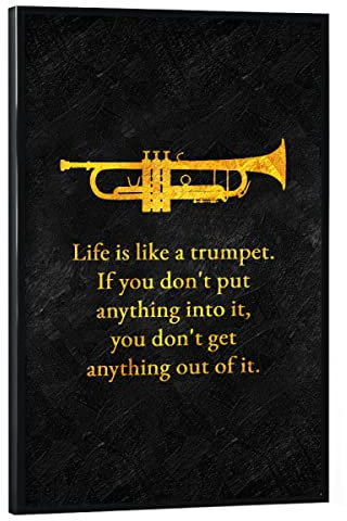artboxONE Poster mit schwarzem Rahmen 30x20 cm Typografie Leben und Posaune - Bild trompete gedicht Leben