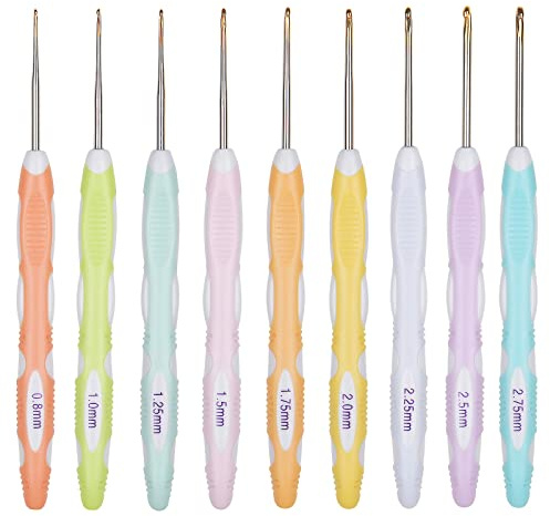 Aeelike 9 Pcs Spitze Häkelnadel Set, 0,8-2,75 mm Kleine Größe Häkelnadeln Set mit TPR Griff, Ergonomische Feine Häkelnadeln für Arthritische Hände, Bonbonfarben Dünn Häkeln Set für Socken, Ärmel