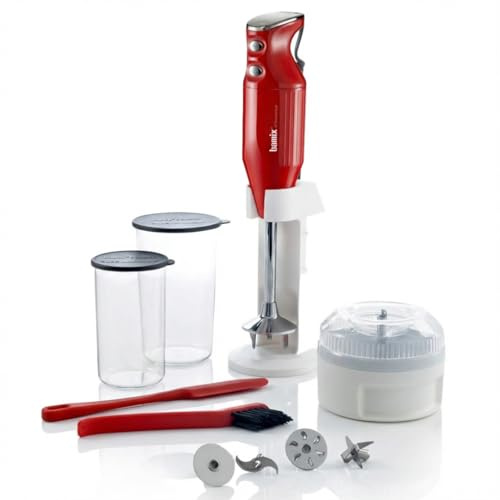 bamix Stabmixer Set M350 MAXX inkl. Ständer, 2 Becher, 4 Aufsteckteile, Processor, Spachtel, Reinigungsbürste, 300 Watt, Made in Switzerland, Rot/Chrom