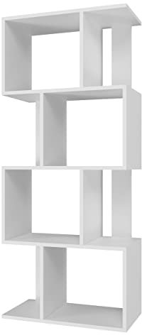 ADGO Fiesta 4P Offenes Stehendes Bücherregal 30 cm x 59,5 cm x 140 cm Modernes Design Geometrische Form Bücherregal mit Regalen für Wohnzimmer/Raum (Weiß matt)