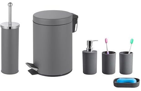 iTrend Bathroom Set 6 Pc – 3L Bin Toilet Brush Soap Dispenser Toothbrush holder and Tumblers - Grey
