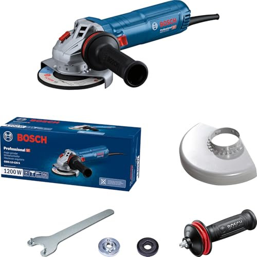 Bosch Professional kabelgebundener Winkelschleifer GWS 12-125 S (Scheiben-Ø: 125 mm, 1200 W, inkl. Vibration Control-Zusatzhandgriff, Schutzhaube, Zweilochschlüssel)