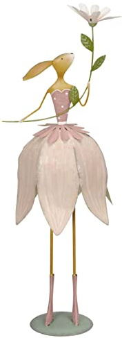 Posiwio originelle dekorative Osterhasen-Dame aus Metall im Blütenkleid mit Blume aus Metall in gelb-grün oder rosa-weiß (rosa)