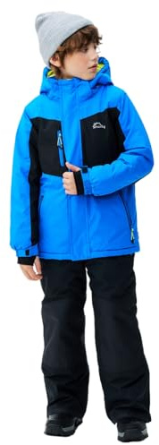 SMONTY Tuta da Neve per Ragazzi Giacca da Sci Invernali e Pantaloni Cinghie con Cappuccio Cappotto Set Impermeabile Antivento(Blu, 14-16)