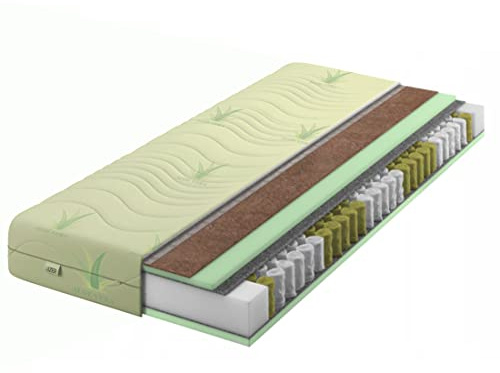 IZER Aloe Vera Taschenfederkernmatratze Kokosfaser-Einlage 70x200 x 20 cm Härtegrad H3 H4, Bezug Waschbar, 7-Zonen Federkernmatratze