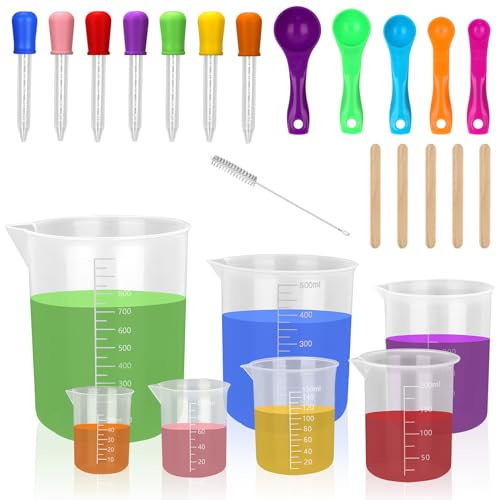 Furuising 7Pcs Plastic Measuring Cups with Spoons and Droppers, Heat Resistant Measuring Jugs, Labs Graduated Beakers Mixing Cups for Kitchen DIY Science (1000ml 500ml 250ml 200ml 150ml 100ml 50ml)