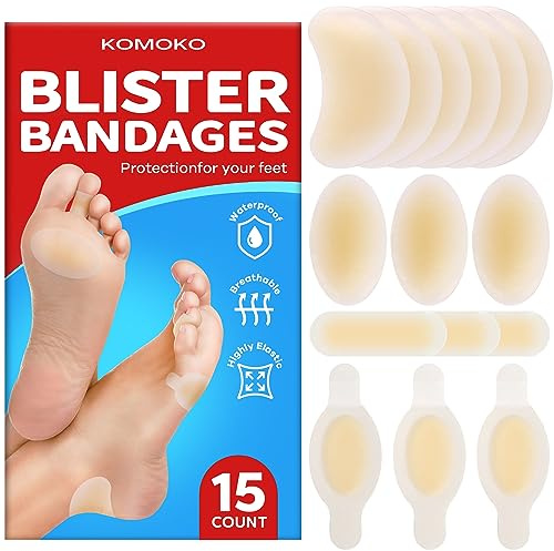 Komoko Blister Bandages for Feet (15 Count), Waterproof Hydrocolloid Blister Bandages, Ultra-Thin Adhesive Blister Pads, Blister Band Aid for Fingers, Toes, Forefoot, Heel Blister Prevention